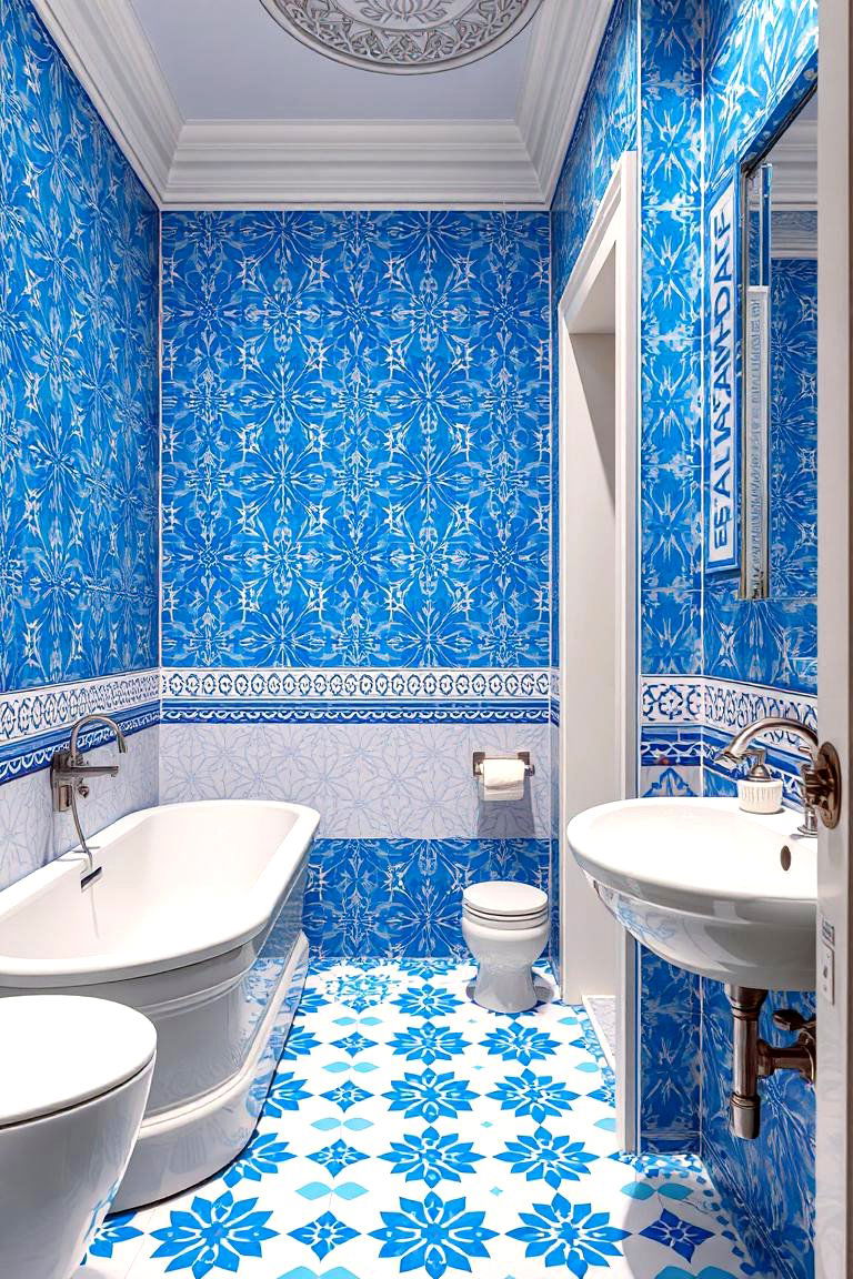 Blue and White Patterned Bathroom - 24 Blue and White Bathroom Ideas