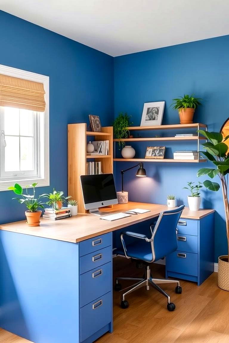 Blue and Wood Home Office Design - 24 Blue Room Ideas