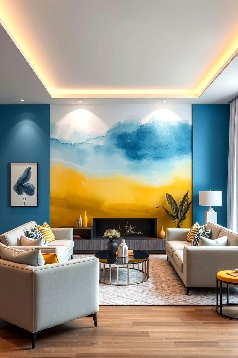 Blue and Yellow Ombre Effect - 24 Yellow and Blue Living Room Ideas