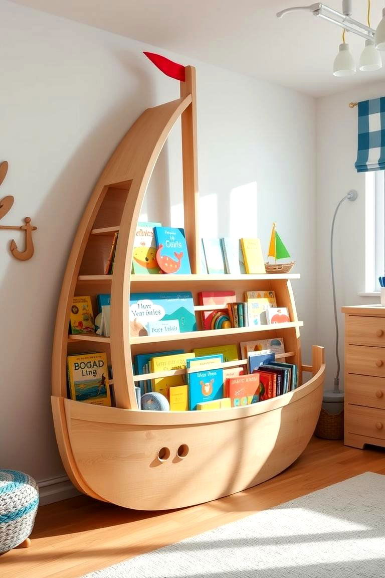 Boat shaped Bookshelf Voyage - 24 Ocean-themed Nursery Ideas