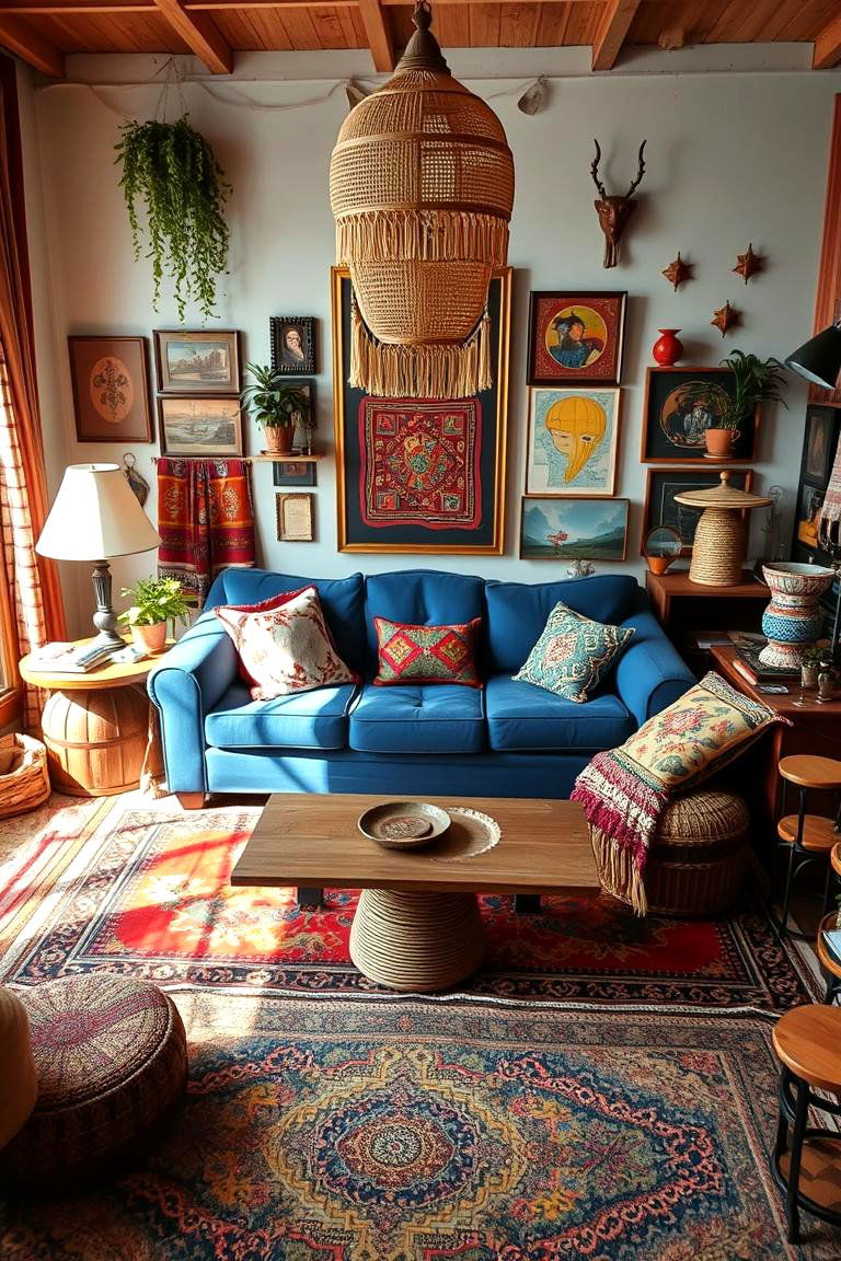 Bohemian Blue Couch with Colorful Textiles - 24 Blue Couch Living Room Ideas