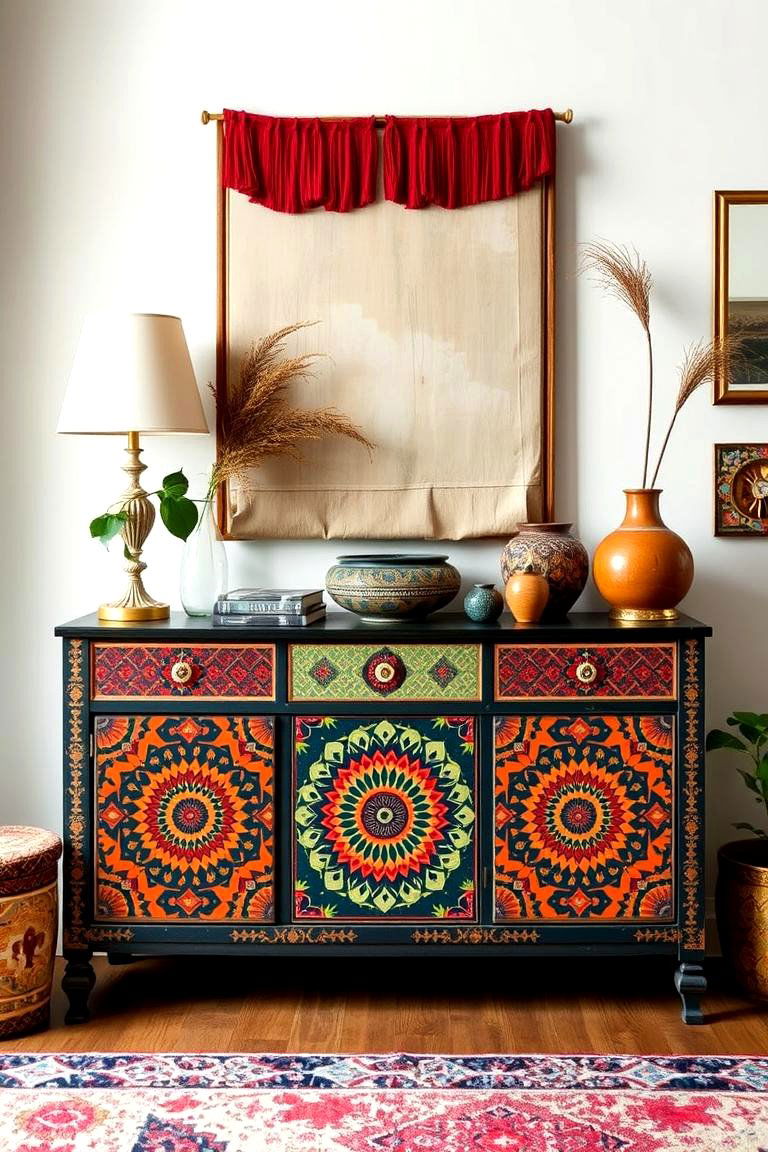 Bohemian Chic Console with Patterned Accents - 24 Tv Console Decor Ideas