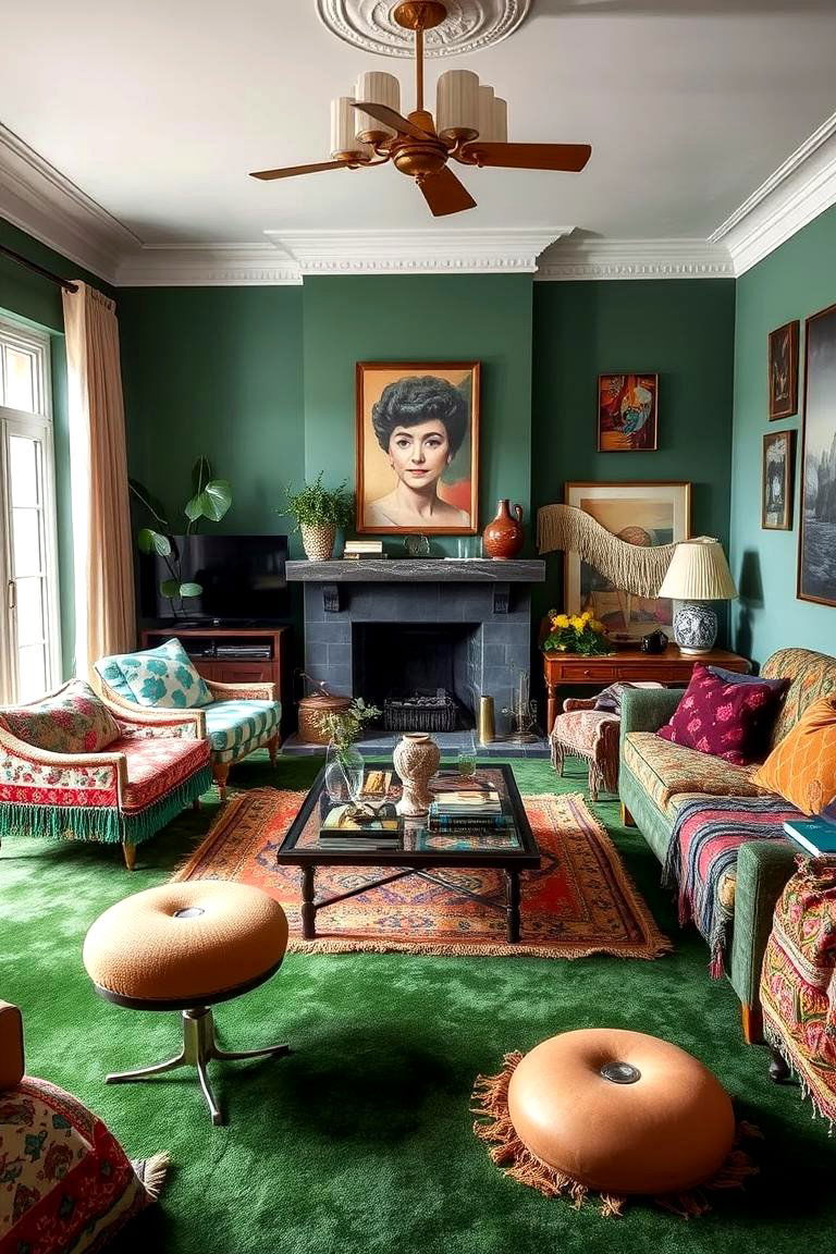 Bohemian Chic Living Room with Green Carpet - 24 Green Carpet Living Room Ideas