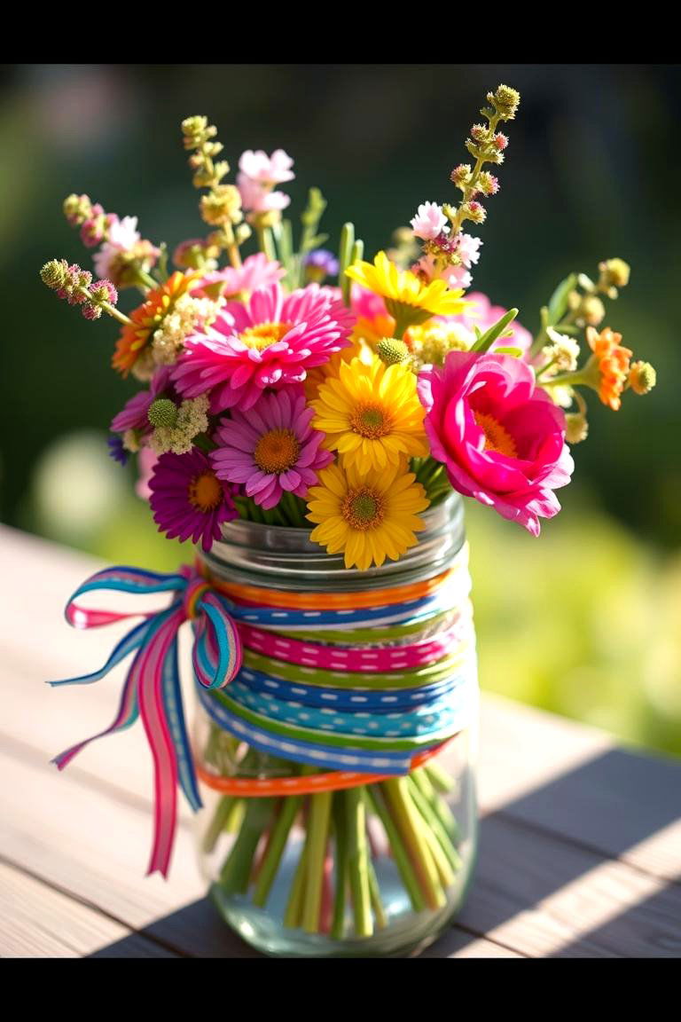 Bohemian Delight Colorful Ribbons and Blooms - 24 Mason Jar Wedding Centerpieces