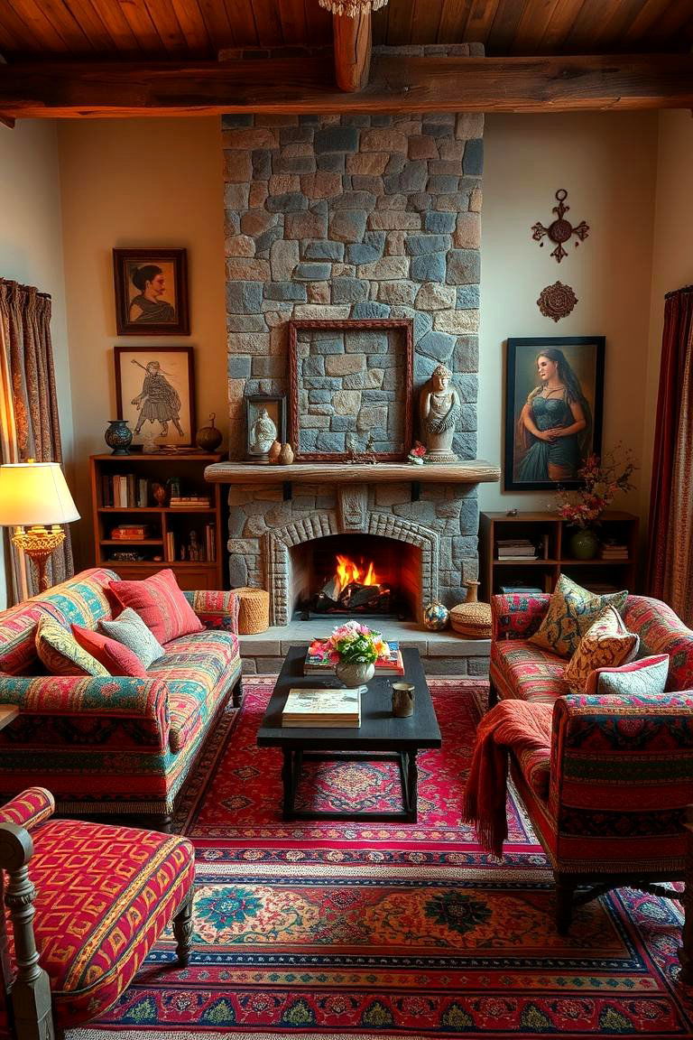 Bohemian Eclectic Living with Vibrant Touches - 24 Living Room Ideas With Sectionals and Fireplace