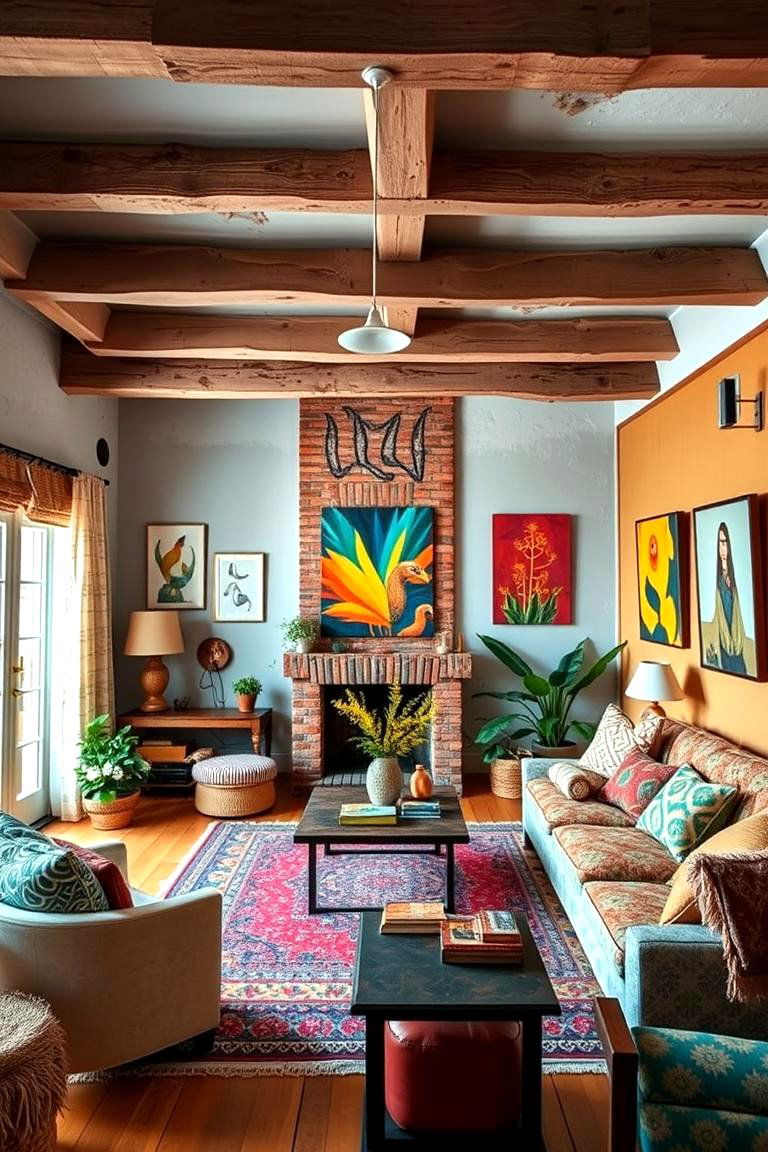 Bohemian Exposed Beam Flair - 24 Exposed Beam Living Room Ideas