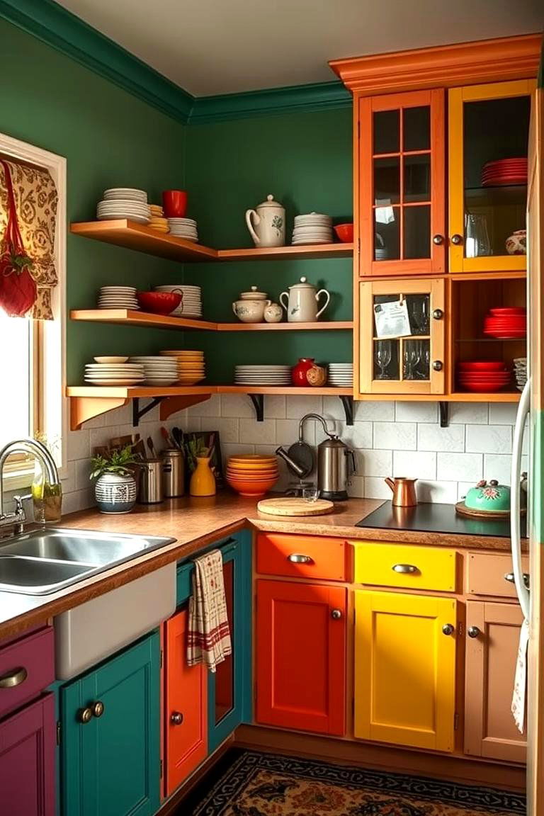 Bohemian Flair with Mismatched Colors - 24 Painting Kitchen Cabinet Ideas