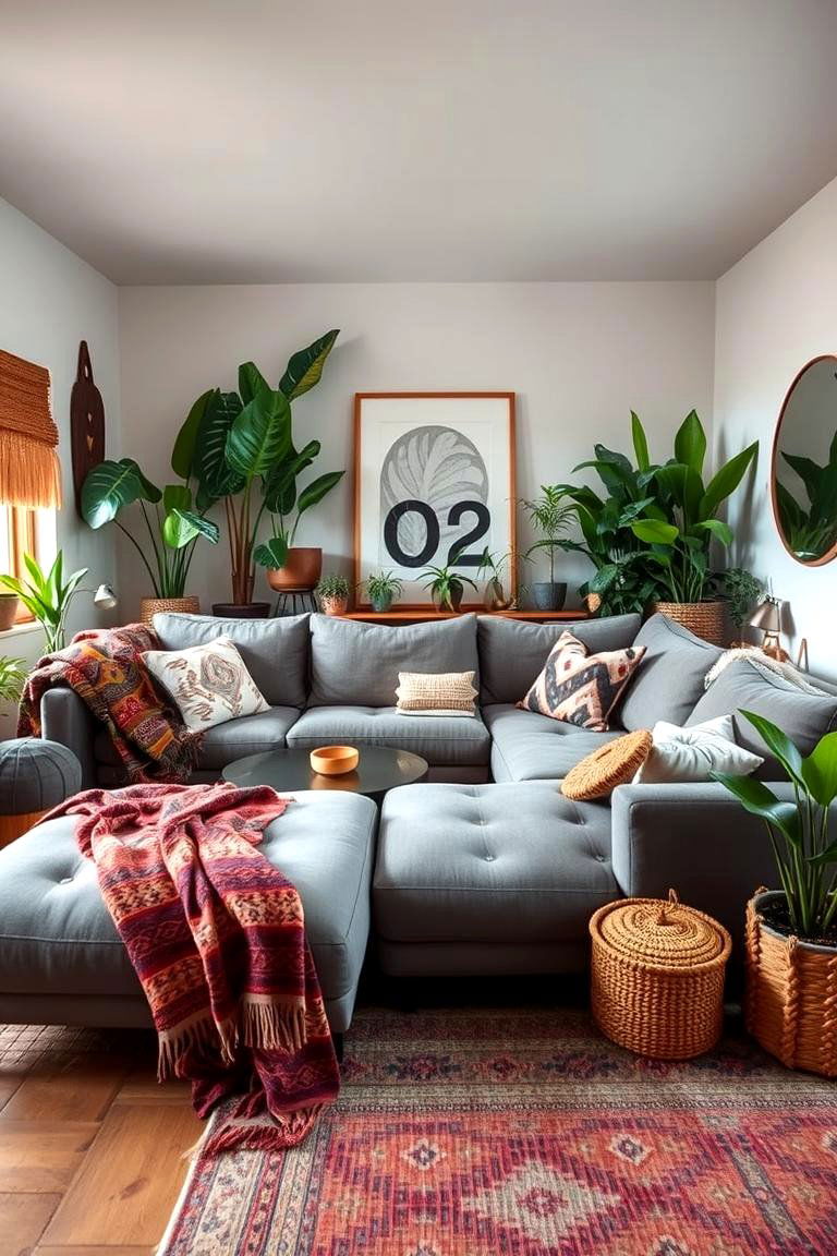 Bohemian Grey Living with Natural Textures - 24 Grey Sectional Living Room Ideas