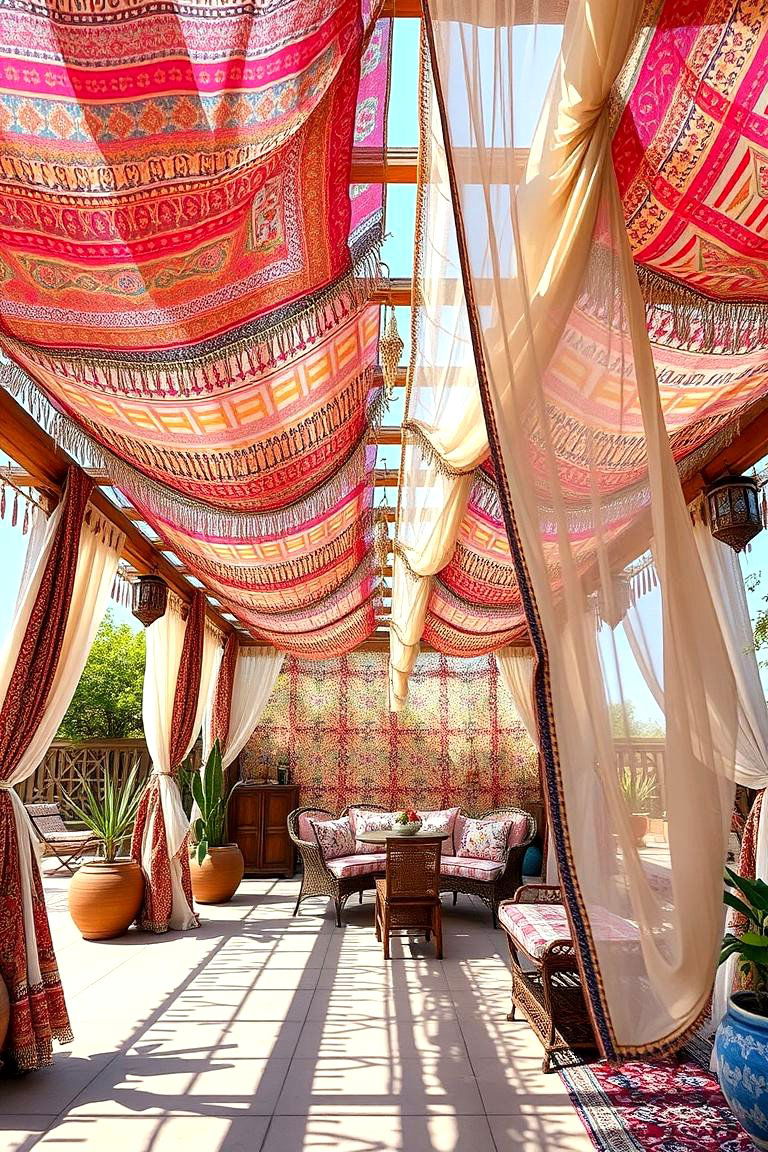 Bohemian Pergola Shade with Colorful Drapery - 24 Pergola Shade Ideas