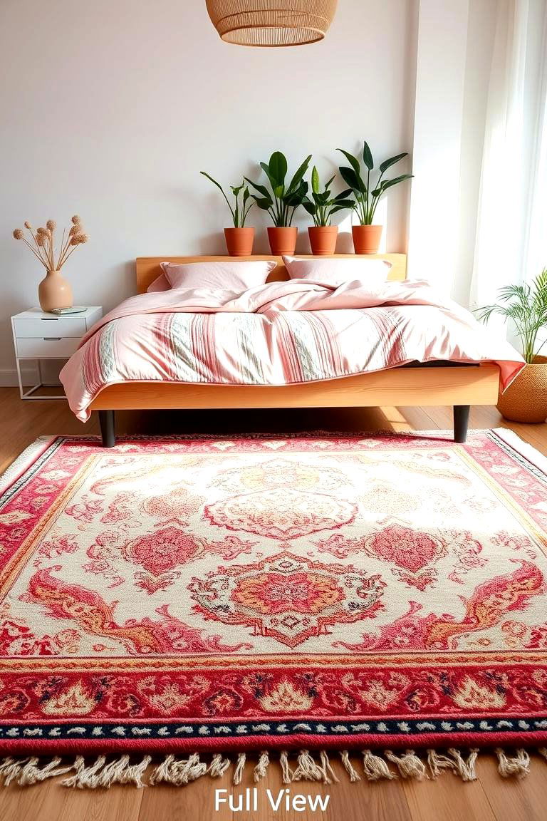Bohemian Rug with Pink Accents - 24 Pink Boho Bedroom Ideas