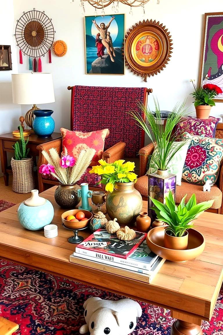 Bohemian Tapestry Display - 24 Coffee Table Centerpiece Ideas