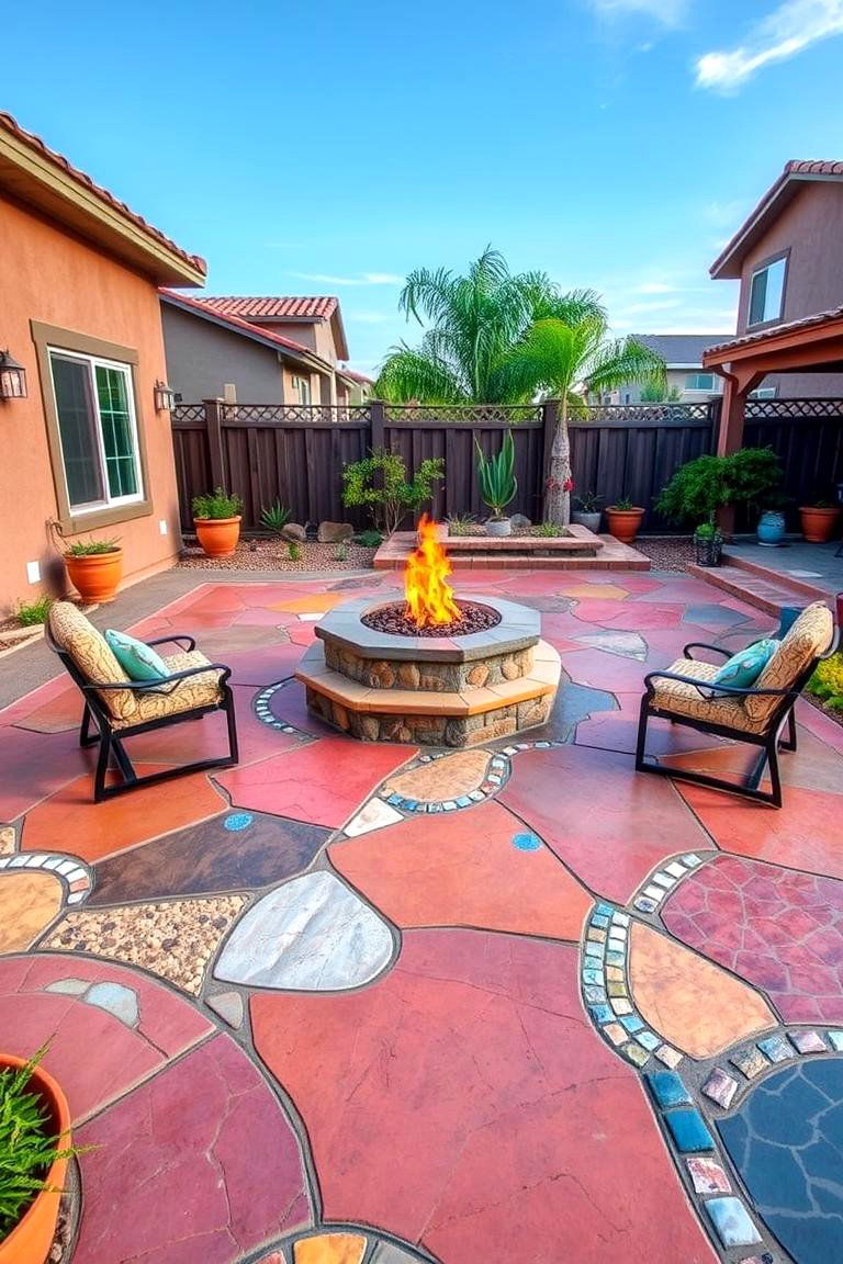 Bohemian Vibe with Mosaic Inlays - 24 stamped concrete patio with fire pit ideas