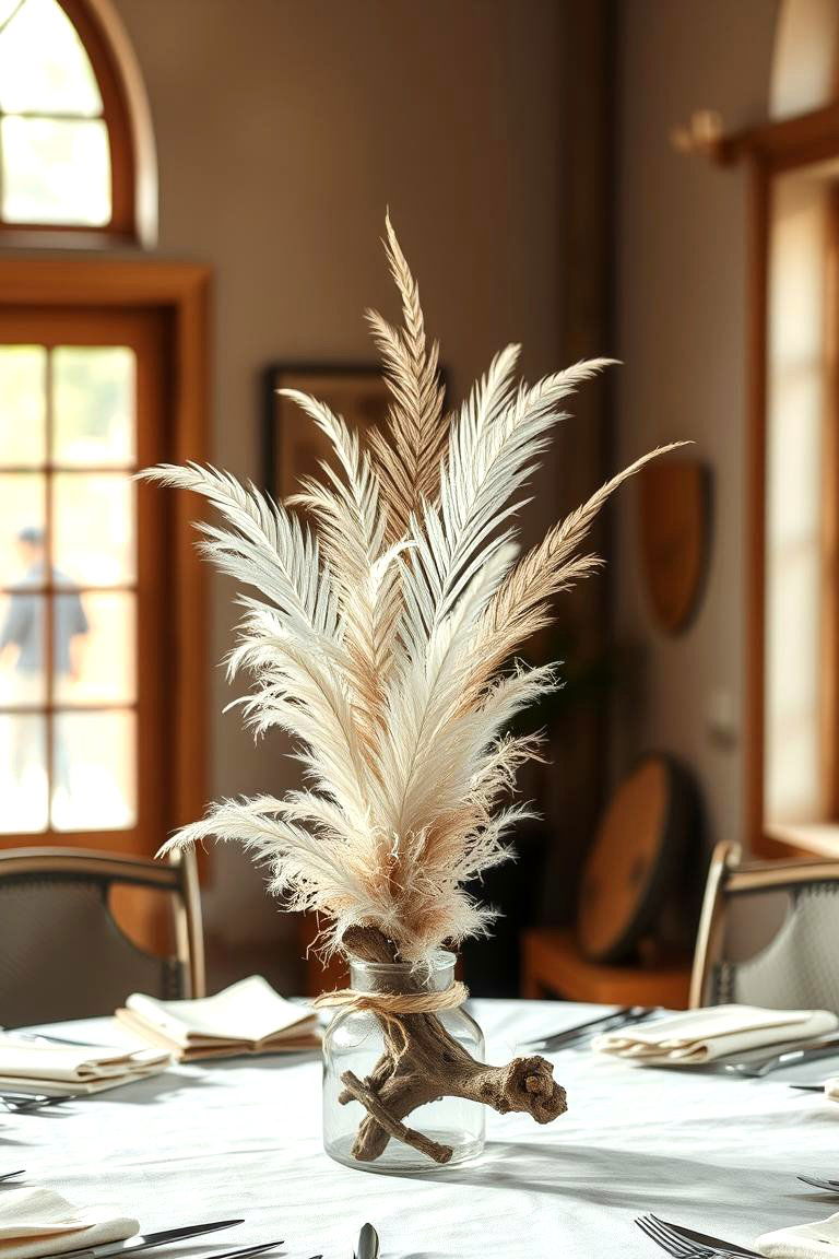 Boho Chic Feather and Driftwood Centerpiece - 24 Centerpiece Ideas