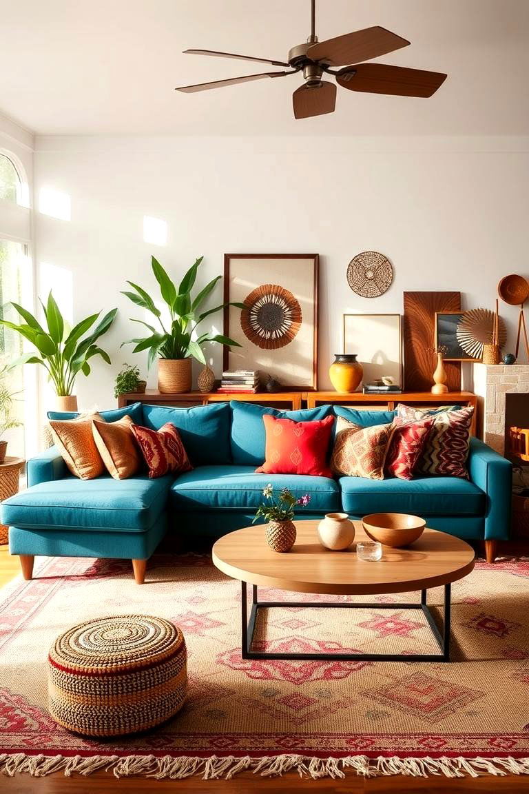 Boho Chic Vibe - 24 Teal Couch Living Room Ideas