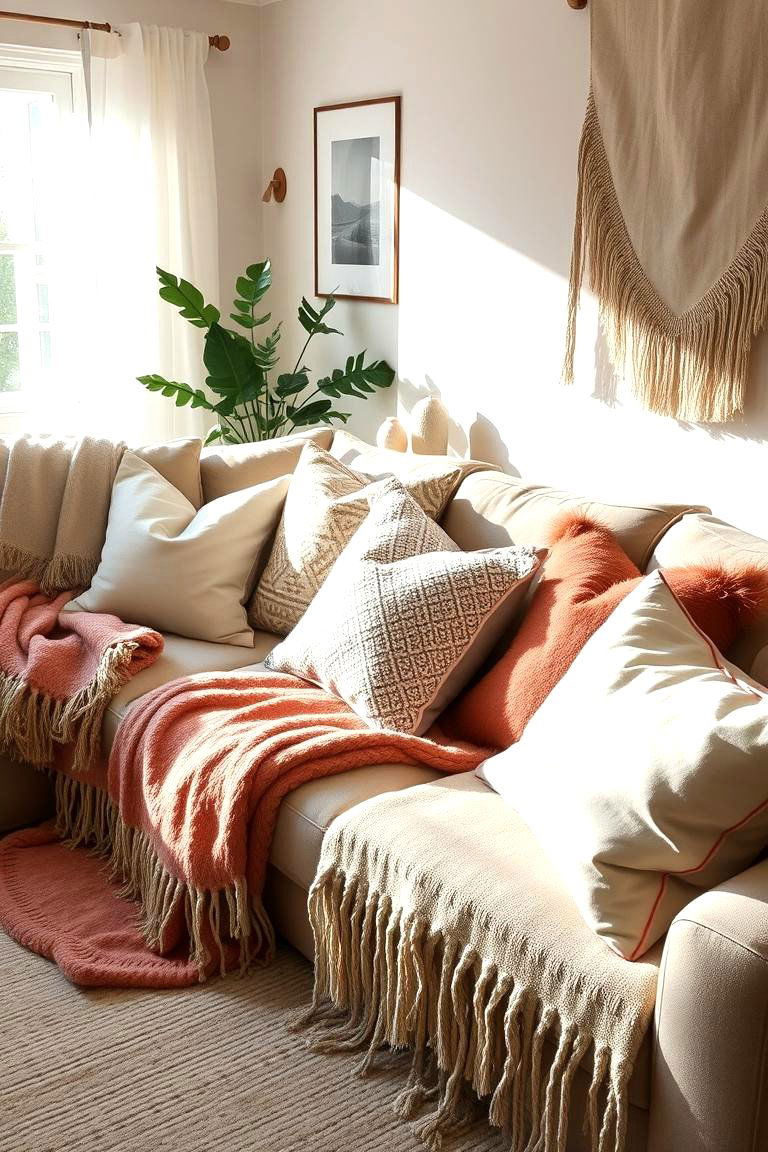 Boho Inspired Pillows and Throws - 24 Neutral Boho Living Room Ideas