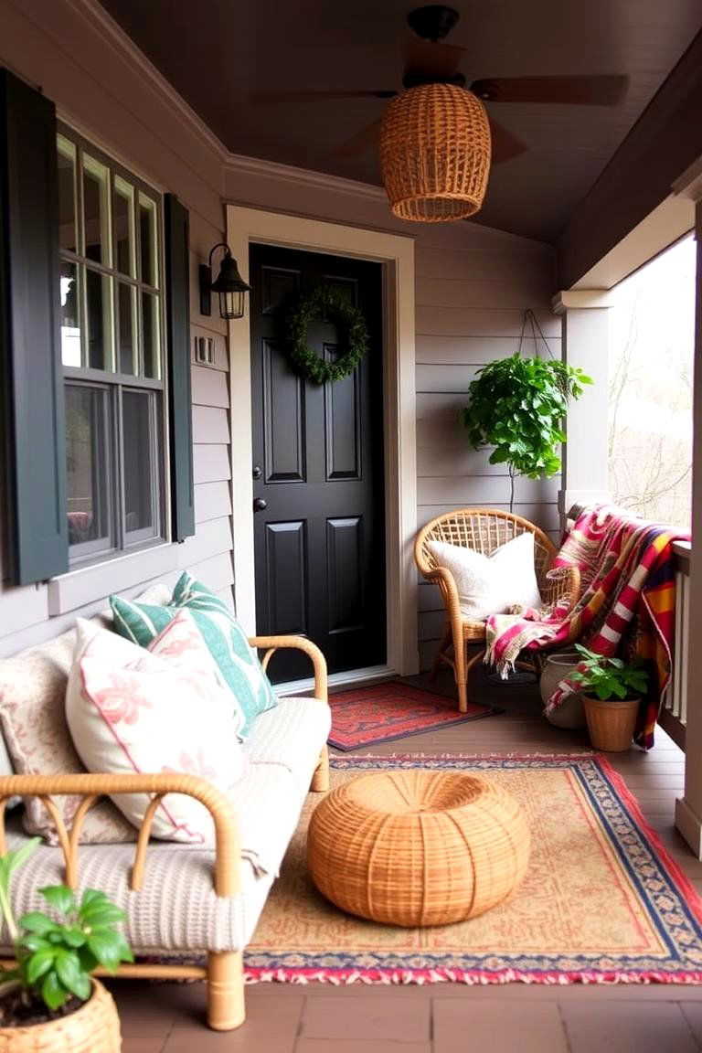 Boho Inspired Porch with Textured Pillows and Rugs - 24 Barndominium Front Porch Ideas
