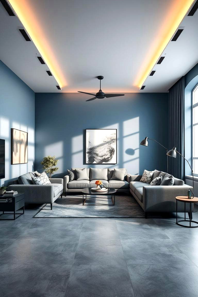 Bold Accent Lighting - 24 grey floor living room with blue walls ideas