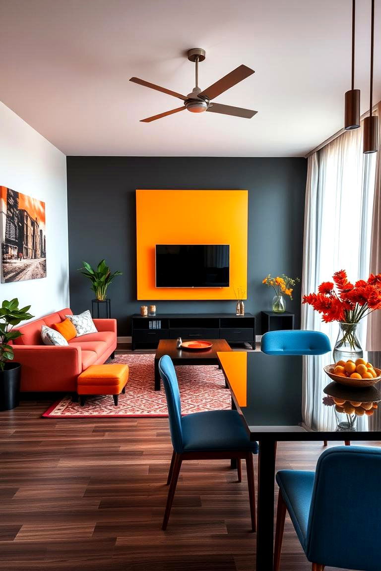 Bold Accent Walls and Functional Zones - 24 Small Living Room Ideas With Tv and Dining Table