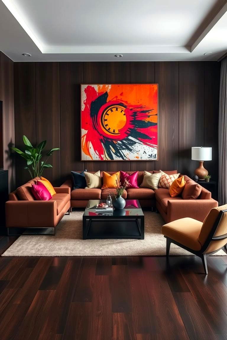 Bold Accents on Dark Brown Floors - 24 Dark Brown Floor Living Room Ideas