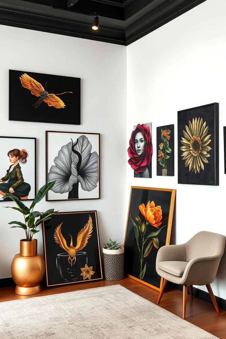 Bold Art Pieces in Black and Gold - 24 black and gold powder room ideas