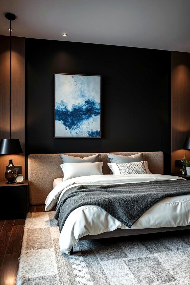 Bold Black Accent Walls with Blue Artistry - 24 Black and Blue Bedroom Ideas