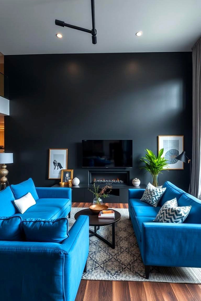 Bold Black Accent Walls with Blue Furnishings - 24 Black and Blue Living Room Ideas