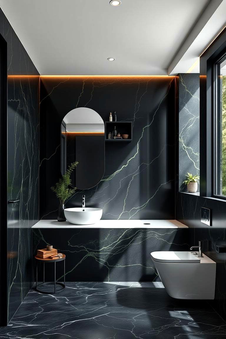 Bold Black Accent Walls with Green Details - 24 Black and Green Bathroom Ideas