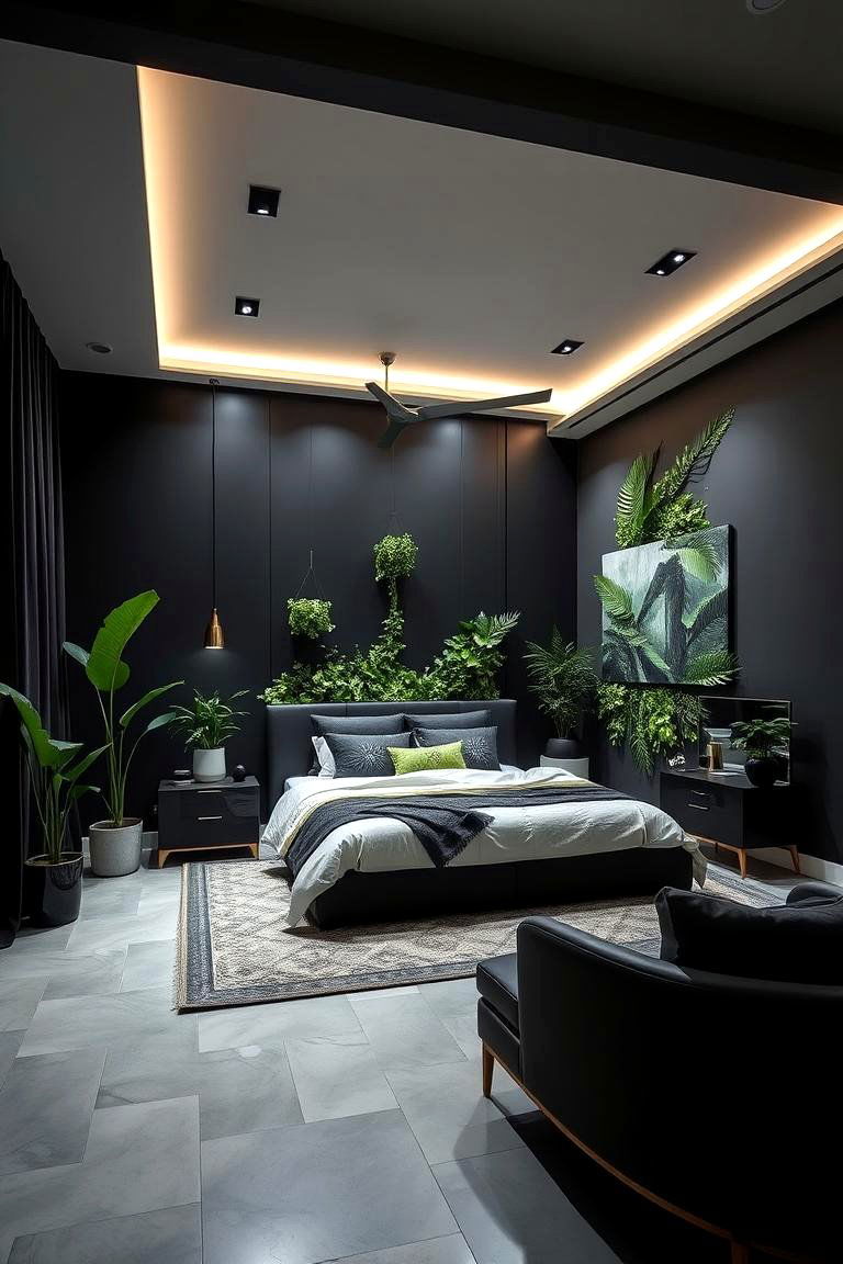 Bold Black Accent Walls with Lush Green Details - 24 Black and Green Bedroom Design Ideas