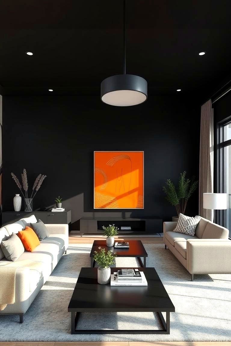 Bold Black Accent Walls with Orange Artwork - 24 Black and Orange Living Room Ideas