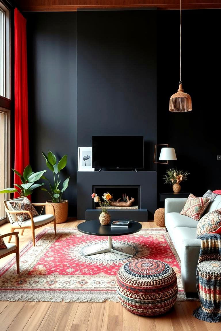 Bold Black Accent Walls - 24 Black Boho Living Room Ideas