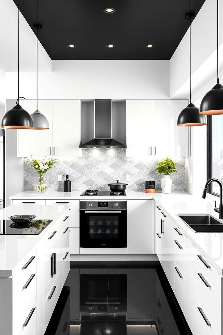 Bold Black Accents on White - 24 white kitchen with black countertops ideas