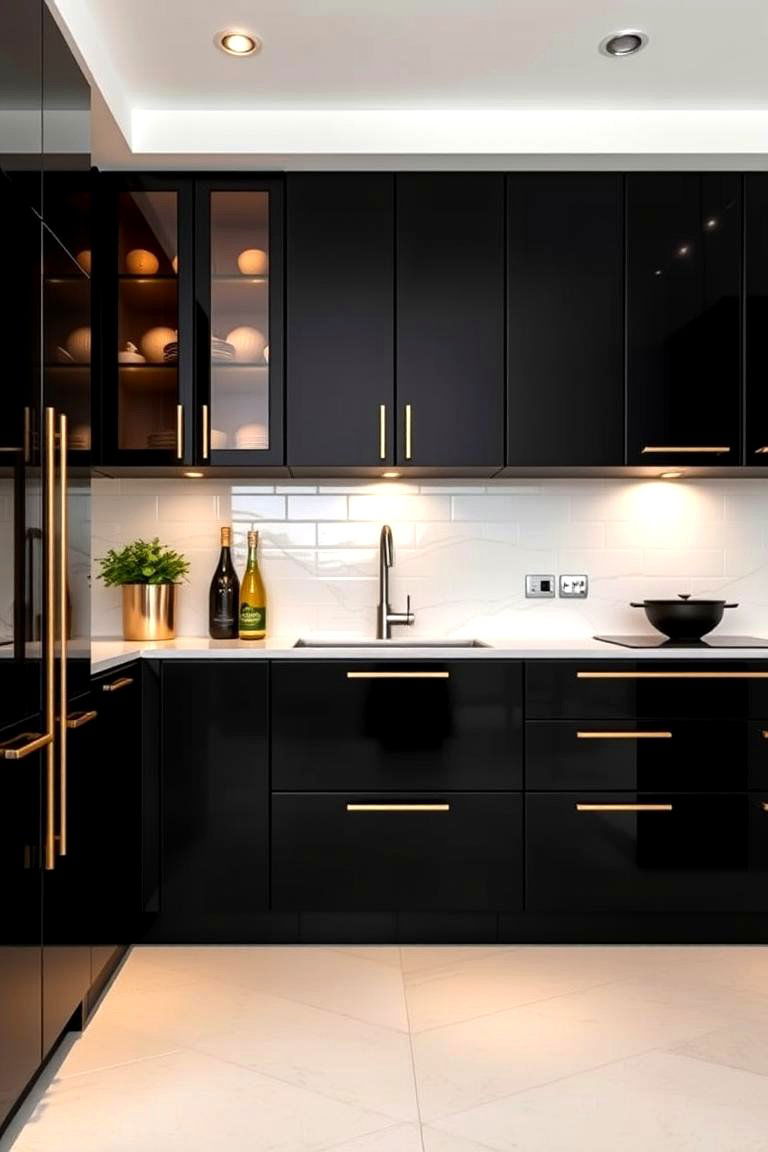 Bold Black Cabinets with Gold Accents - 24 black white and gold kitchen ideas
