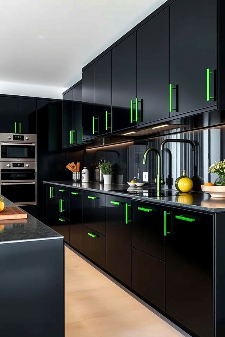 Bold Black Cabinets with Green Hardware - 24 Black and Green Kitchen Ideas