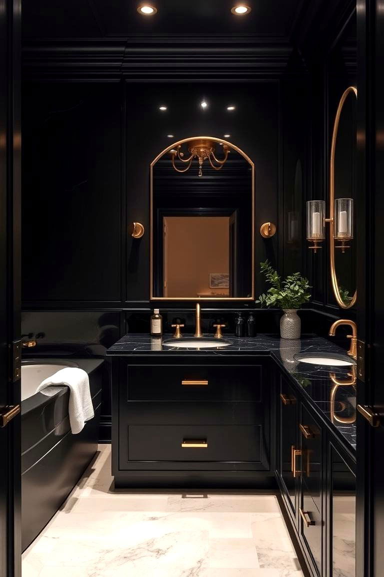 Bold Black Countertops with Brass Fixtures - 24 bathroom with black countertops ideas