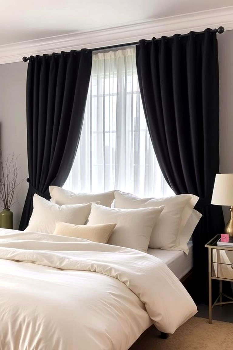 Bold Black Curtains with Cream Bedding - 24 Cream and Black Bedroom Ideas