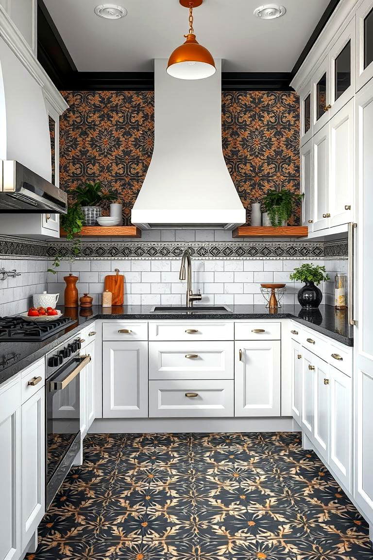 Bold Black Encaustic Tile Design - 24 Black Floor Kitchen Ideas