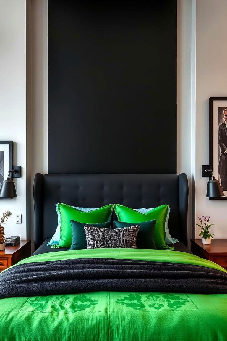 Bold Black Headboard with Vibrant Green Bedding - 24 Black and Green Bedroom Design Ideas