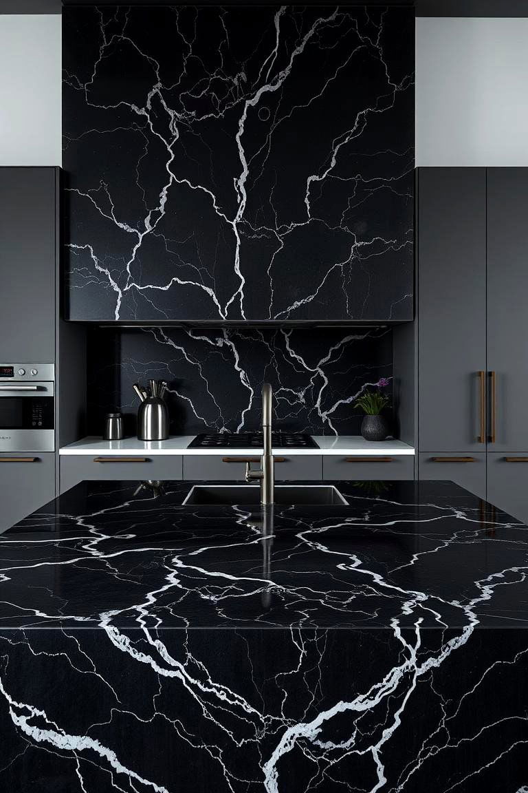 Bold Black Marble Accent - 24 Marble Kitchen Island Ideas