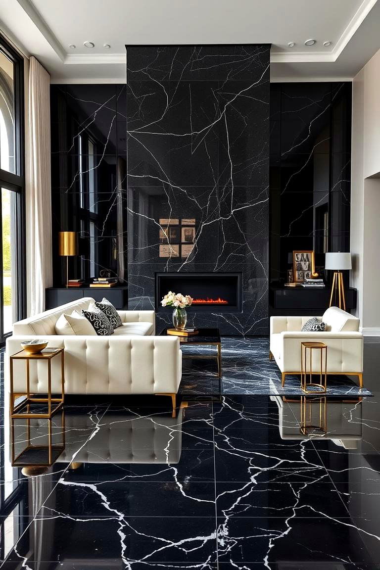 Bold Black Marble Statement - 24 Marble Floor Living Room Ideas