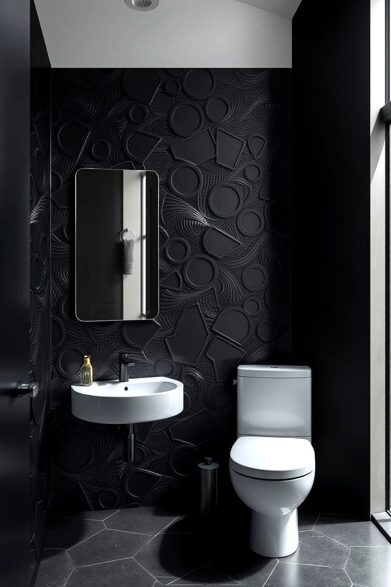 Bold Black Statement Wall - 24 black and blue bathroom ideas