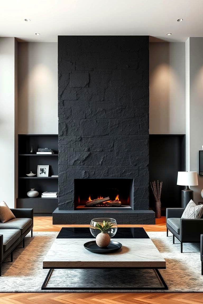 Bold Black Stone Fireplace - 24 Floor-to-Ceiling Stone Fireplace Ideas