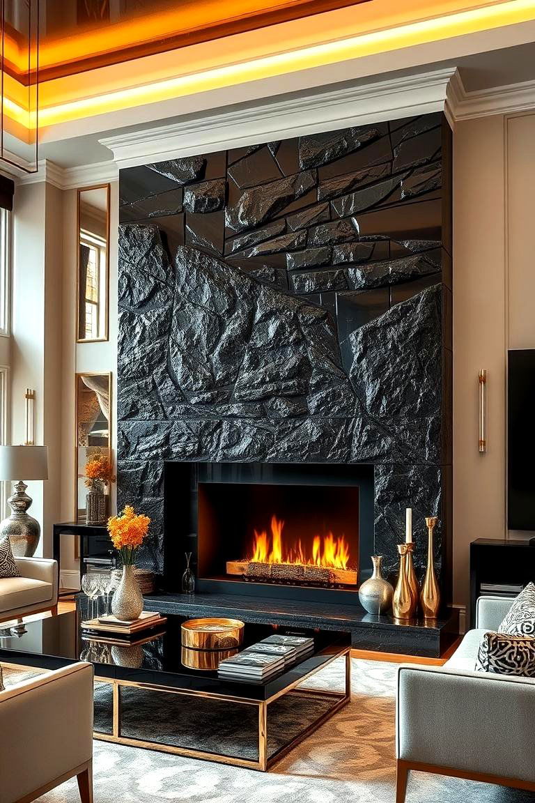 Bold Black Stone - 24 Floor to Ceiling Stone Fireplace Ideas