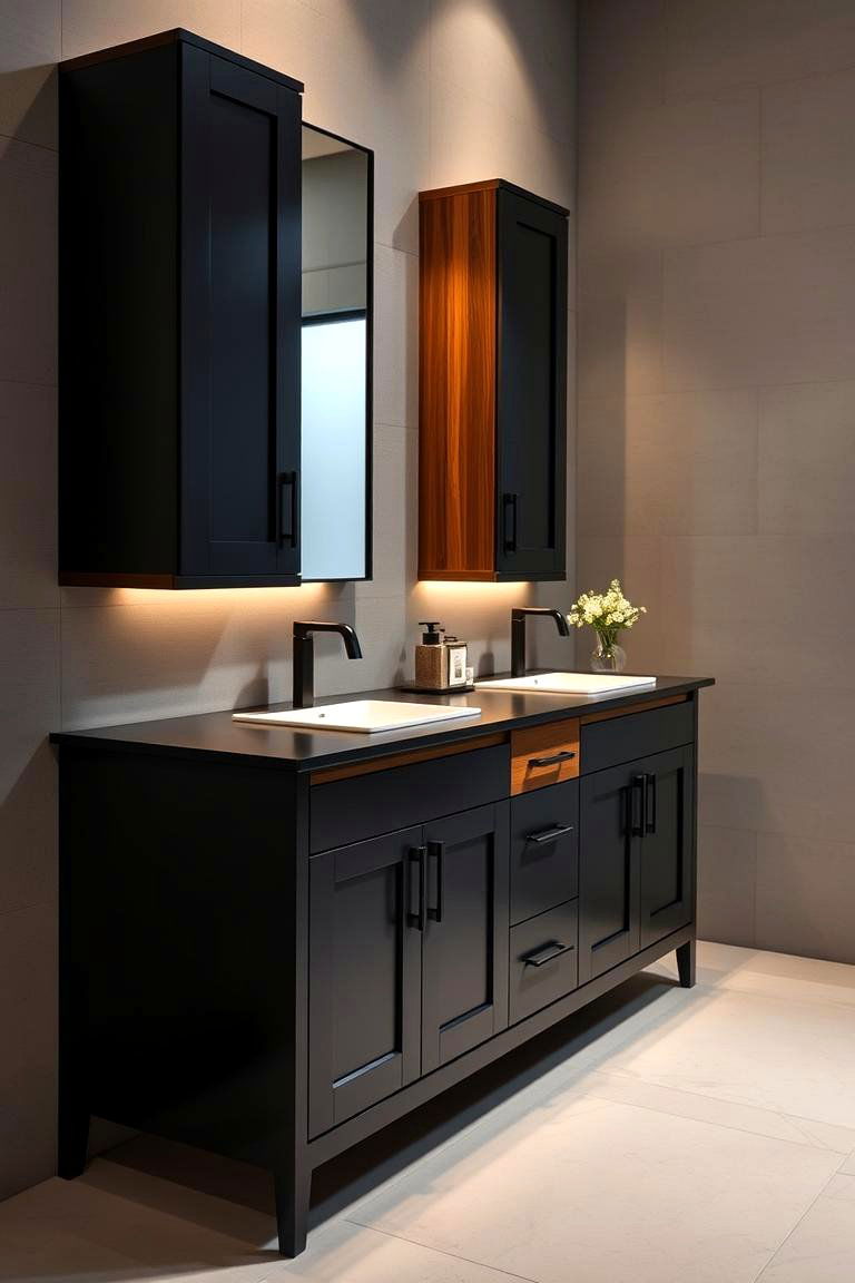 Bold Black Vanity with Wood Accents - 24 Black and Wood Bathroom Ideas