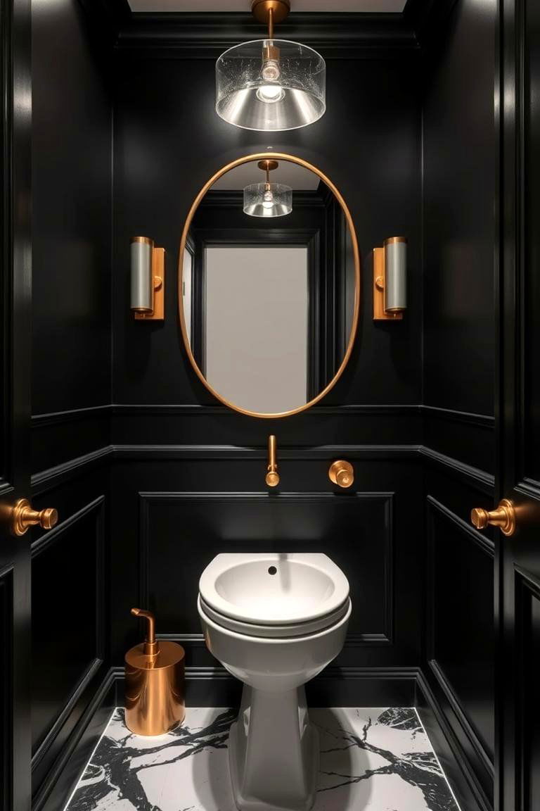 Bold Black Walls with Gold Fixtures - 24 black and gold powder room ideas
