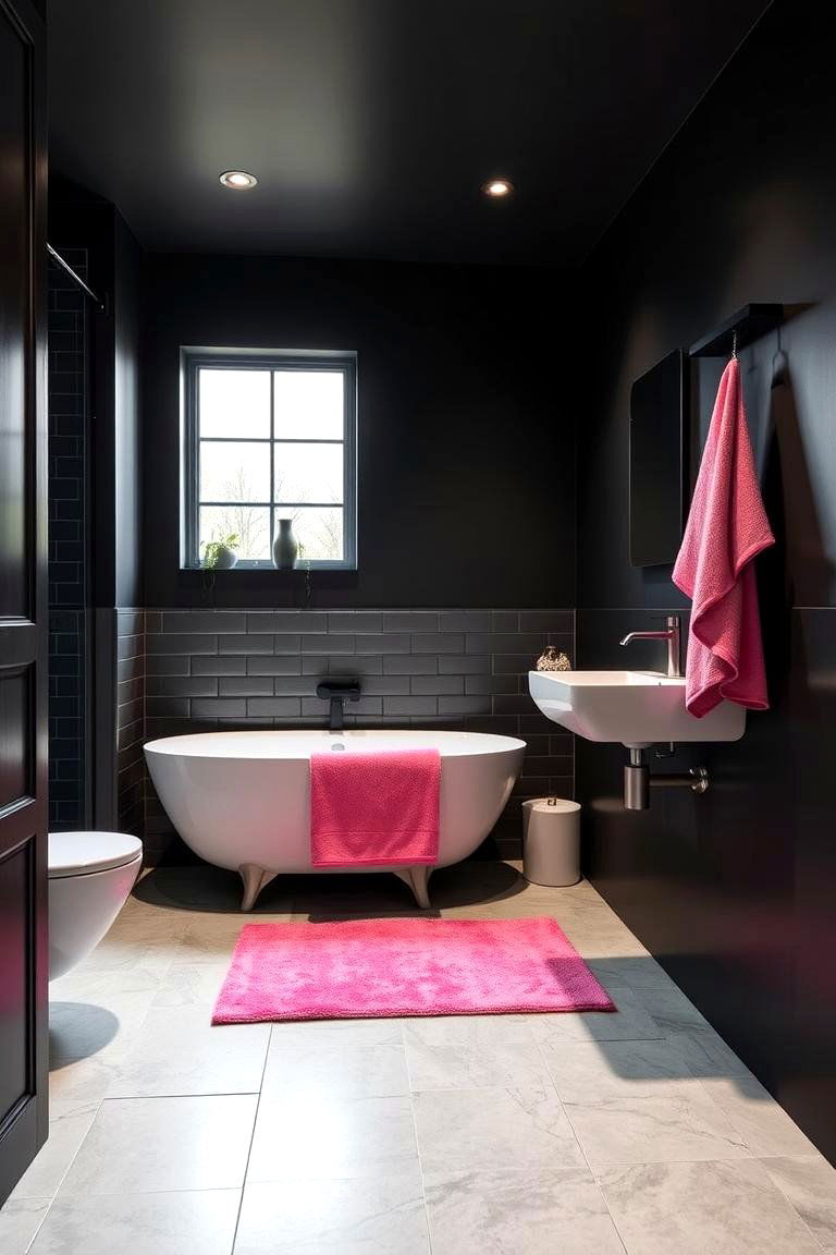 Bold Black Walls with Pink Pops - 24 Pink and Black Bathroom Ideas