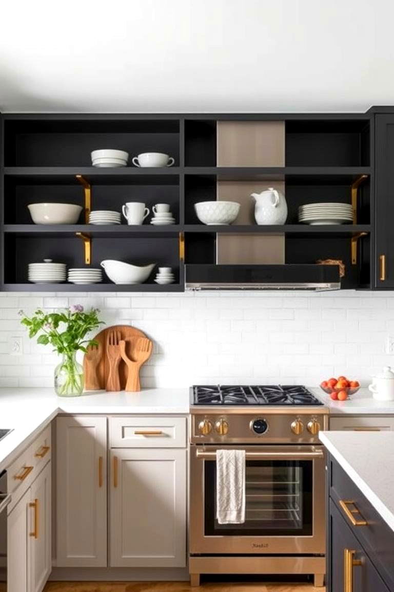 Bold Black and Gold Open Shelving - 24 Black and Gold Kitchen Ideas