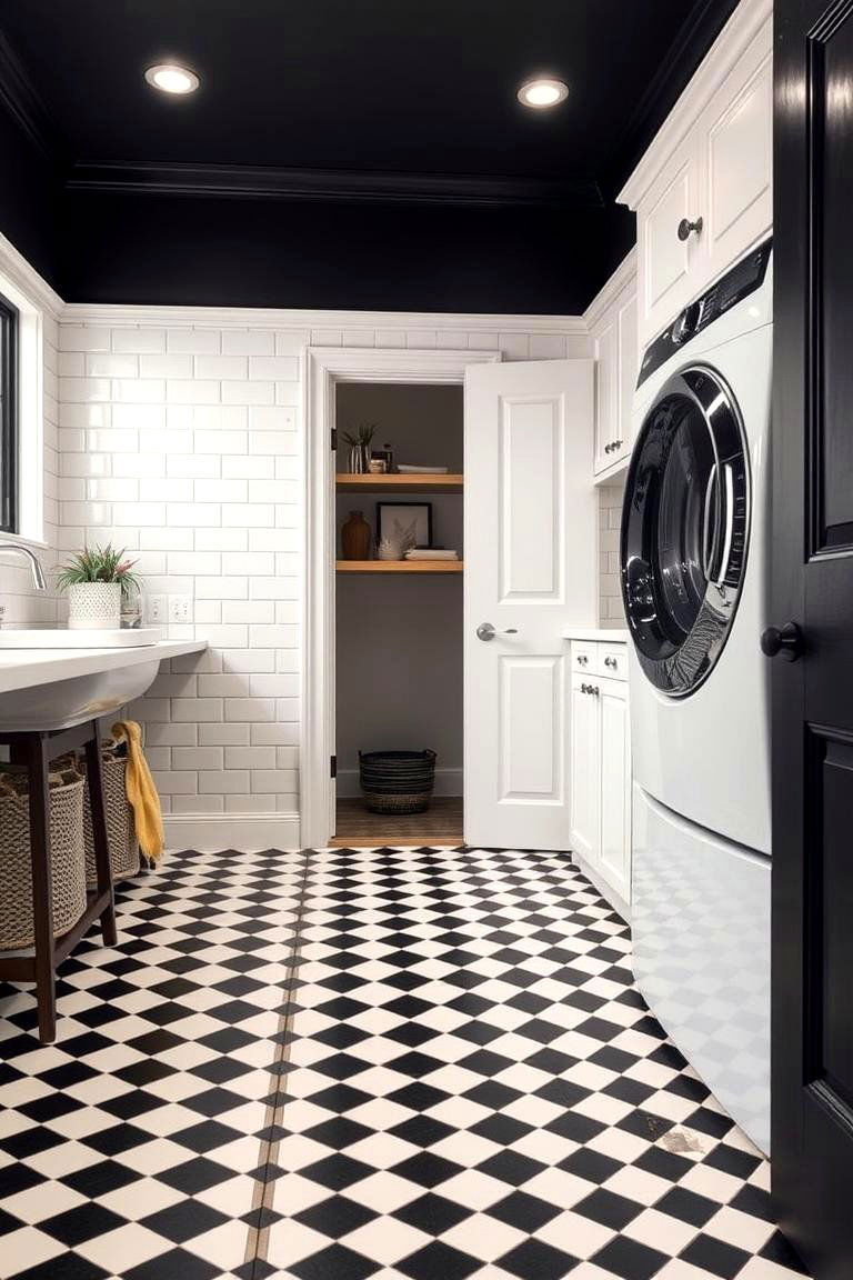 Bold Black and White Tiles - 24 Laundry Room Tile Ideas