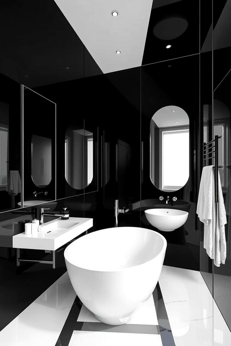 Bold Black and White with Minimalist Mirrors - 24 Black and White Bathroom Ideas