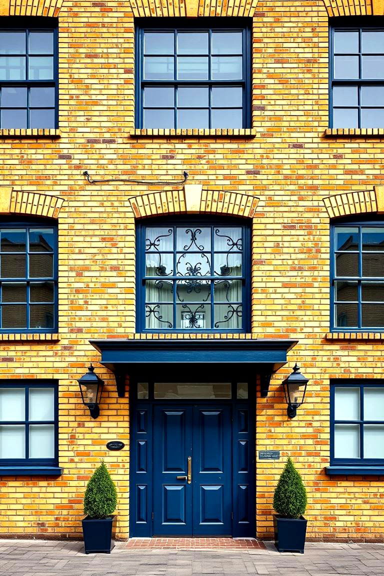 Bold Blonde Brick and Navy Blue Accents - 24 Blonde Brick House Color Schemes