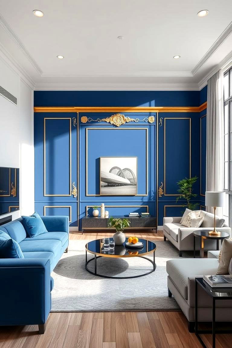 Bold Blue Accent Walls with Gold Detailing - 24 Blue and Gold Living Room Ideas